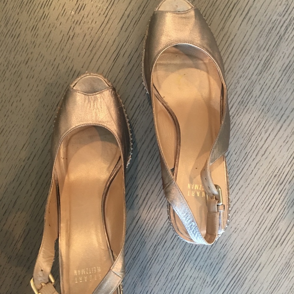 Stuart Weitzman cork and chrome leather wedges